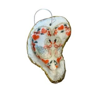 Handmade Decoupage Oyster Shell Ornament‎ Swan Heart Gold Trim Coastal Decor 3"